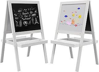 Kids Easel, Art Easel with Double Sided Whiteboard, Chalkboard, Storage, 2 in 1 Standing Easel for Toddlers 18-48 Months, White