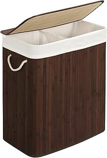 SONGMICS - Laundry Basket with Lid - Bamboo Laundry Basket with 2 Sorting Compartments, Removable Bag, Cotton Handles - Volume 100L, for Laundry Room, Bedroom - Brown - LCB72Z