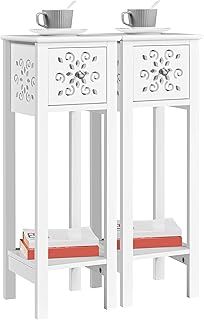 Yaheetech 2pcs Slim Bedside Table, Narrow Sofa Side End Table with Drawer & Shelf, Set of 2 Nightstand Storage Cabinet with Carved Design for Living Room/Bedroom/Small Space, 25×25×73.5cm, White