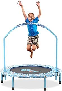 38'' Kids Trampoline Mini Foldable Fitness Trampoline with Adjustable Handrail and Safety Padded Cover Exercise Foldable Bungee Rebounder Indoor Outdoor Use