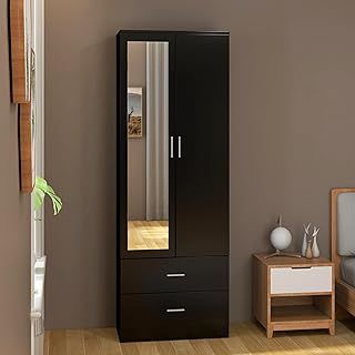 2 Door 2 Drawers Mirrored Wardrobe with Hanging Rail Wooden Clothes Storage Cupboards Unit for Bedroom Furniture 77 x 50 x 180 cm (White)