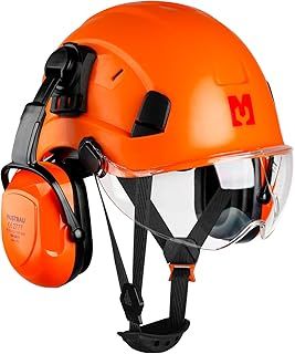 Construction Hard Hats Ventilated Safety Helmet with Clear Visor,Hearing Protection,Earmuffs and Chin Strap,53 to 63 cm Adjustable Hard Hat for Forestry, Chainsaw, Industrial