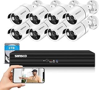 SANSCO 8 Channel 5MP DVR CCTV Camera System, 3TB Hard Drive for 24/7 Recording, 8pcs 1080P Outdoor Security Cameras, Night Vision, Face/Human Detection, Waterproof, Easy Mobile Viewing