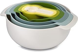 Joseph Joseph Nest 9 Plus, 9 Piece Compact Food Preparation Set with Mixing Bowls, Measuring cups, Sieve and Colander, Opal