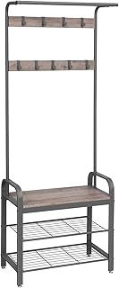 Vasagle HSR40MG Coat Rack Shoe Rack with Seat / Clothes Rack with 9 Removable Hooks / Bench 2 Grid Shelves 183 cm High Industrial Design Grey