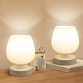 ONEWISH Touch Bedside Table Lamp Set of 2 - Small Modern, 3-Way Dimable Desk lamp with White Opal Glass Lamp Shade, 3000K LED Bulb, Simple Design Home Décor for Bedroom Living Room Nightstand