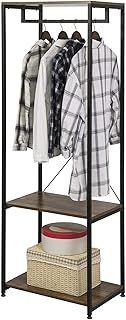 Heavy Duty Clothes Rail, Wooden Clothing Rail Metal Rod Garment Rack Free Standing Wadrobe Organizer with 2 Tiers Storage Shelves Shoe Rack Vintage