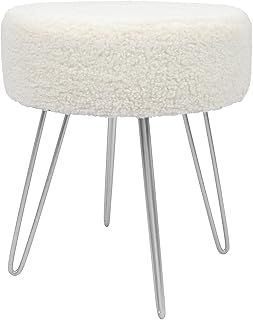 Harbour Housewares Boucle Round Foot Stool - Cream with Silver Legs - Modern Dressing Table Stool Pouffe Footstool Vanity Stools Vanity Chairs Footstools for Living Room, Bedroom