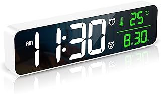 ORIA 10-inch Digital Alarm Clock with LED Display & Mirror Design, Bedside Desk Clock, Date, Temperature, 40 Music Tunes, 6 Brightness Levels, 4 Volume Settings, Dual Alarms (Mains-Powered, White)