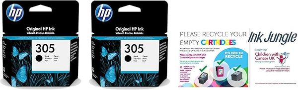 Ink Jungle 2x HP 305 Black Ink Cartridges For HP ENVY 6010 6010e 6020 6020e 6022 6022e 6030 6030e 6032 6032e 6420e 6430e 6432e HP ENVY Pro 6420 6422 6430 6432 Printers Charity Recycling Bag