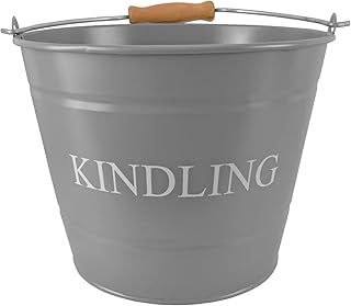 Small Metal Fireside Kindling Bucket with Wooden Handle - Diameter of 23cm (9") - Grey Finish