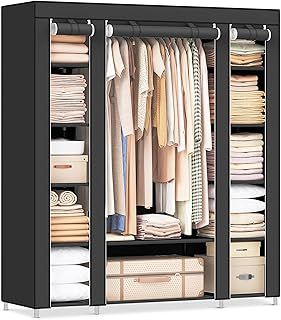 SONGMICS Fabric Wardrobe, Portable Wardrobe for Bedroom, Clothes Rail with Non-Woven Fabric Cover, Clothes Storage Organiser, 45 x 150 x 175 cm, 12 Compartments, Metal Frame, Black LSF03H
