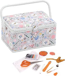 Filled Sewing Box - Craft & Hobby Storage, Sewing Basket with 94 Piece Sewing Kit Included, Medium, Homemade, 18.5 x 25.5 x 14.5cm