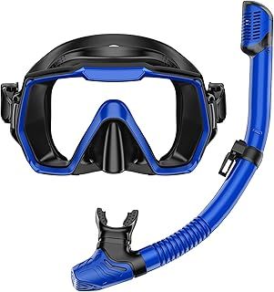 Snorkel Set Adults Snorkeling Gear Anti-Leak and Anti-Fog Tempered Glass Lens Panoramic View Swim Mask Dry Top Snorkel Kit for Snorkeling Scuba Diving Swimming Travel with Carry Bag