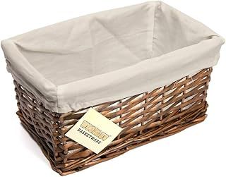 Brown Wicker Storage Basket W/Off White Cloth Lining Xmas Hamper - Small