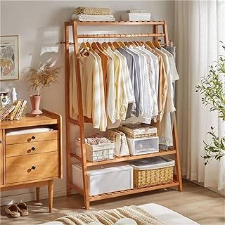 unho Bamboo Clothes Rail Rack: Free Standing Garment Rack with 3 Storage Shelves 10 Hooks Portable Open Wardrobe Clothing Storage Organizer for Clothes Shoes Hats Bags in Entryway Bedroom Living Room