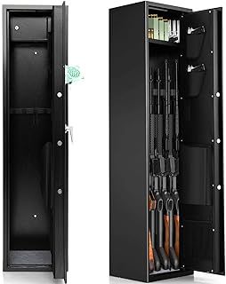 5-Gun Rifle Cabinet, 57’’/145cm Long Gun Safe Box with Biometric Fingerprint, Digital Keypad, 2 Emergency Keys, Ammo Lockbox & Storage Pockets, Anti-Theft Gun Security Safe for Home Office