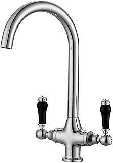 Kitchen Mixer Tap Dual Lever Black Handle 360 Swivel Spout Chrome 10 Year Warranty