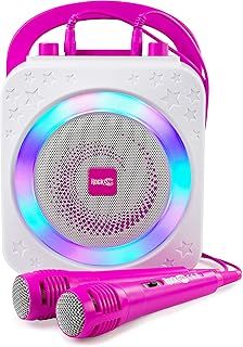 RockJam 10-Watt Rechargeable Bluetooth Karaoke Machine with Two Microphones, Voice Changing Effects & LED Lights - Pink