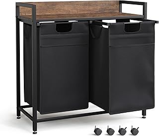 Mondeer Laundry Basket with Wheels, Laundry Hamper 2 Compartments, Metal Frame Washing Basket with Storage Shelf and Front Storage Bag for Bedroom Bathroom, 2x50L, 73 * 33 * 75cm