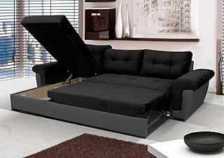 Corner Sofa bed with Storage Black Fabric Grey Leather