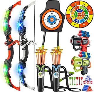 2 Pack Archery Set for 5-11 Year Old Boys & Girls, Light Up Bow & Arrow Toy with Cup Suction Target & 29 IN Dart Board, Indoor/Outdoor Activity Toys