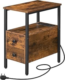 HOOBRO Side Table, Narrow Bedside Table with Charging Station, USB Ports and Power Outlets, Slim Side Table for Small Spaces, 2 Drawers, Industrial Nightstand, Rustic Brown and Black EBF548KBZ01G1