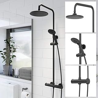 Thermostatic Shower Mixer Set with Rainfall Head Valve Adjustable Riser Rail Handset and Hose Showers Thermostat Round, Matt Black
