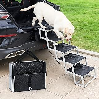 Uross Foldable Folding Dog Steps for Car 5 Steps - Collapsible Dog Steps Ramp for Car and SUV, Aluminum Dog Ramp Step Stairs for Large Dogs,Telescoping Dog Pet Step Stairs Ladder for Truck