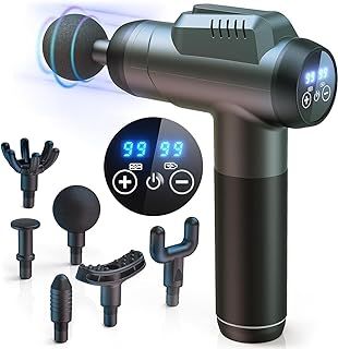 Massage Gun Deep Tissue, 99 Speeds Powerful Percussion Massager with LCD Touch Screen, Handheld Body Massager with 6 Massage Heads for Muscle Pain Relief and Relaxation, Grey