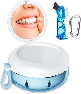 Denture Bath Box, Retainer Case for Braces, Leakproof Portable Retainer Box, Denture Cleaning Kit with Cleaner Brush Carabiner, Strainer & Mirror, Denture Cup for Aligner Retainer Mouth Guard