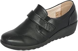 Cushion Walk Women's Ladies Lightweight Black Leather-Lined Touch Fastening Low Wedge Shoes, Casual Work Office Comfort Shoes