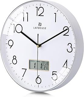 Lafocuse 12 Inch Silent Silver Wall Clock with Date and Day, Temperature, Day of Week, Kitchen Wall Clocks for Living Room Modern, LCD Digital Wall Clock Battery Operated Office Bedroom