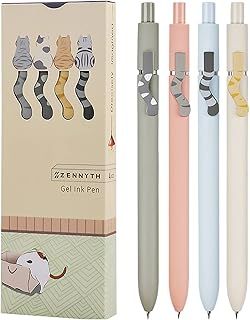 Gel Pens, 5 Pcs 0.5mm Japanese Black Ink Pens Fine Point Smooth Writing Pens with Silicone Grip, High-End Series Metal Clip Retractable Pens (4 Pcs Cat)