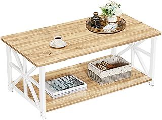 Coffee Table with 2-Tier Storage,100 cm Living Room Table with Round Corner, Center Table with X-Frame Design for Home Office,Oak