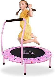 38" Trampoline for Kid Mini Trampolines with Adjustable Foam Handle and Safety Padded Cover Foldable Toddler Bouncer Indoor & Outdoor Bungee Rebounder Trampoline for Child Play and Exercise