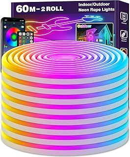 60m Neon Rope Lights, Flexible LED Cord Lights Controlled with App/Remote, Multiple Modes, IP65 Outdoor RGB Light Waterproof, Music Sync Led Neon