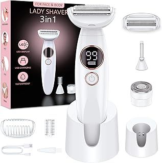 Lady Shavers for Women,3-in-1 Facial Hair Remover for Women,Bikini Trimmer Women with LED Battery Display,Wet & Dry Electric Razor for Women,120min Use,for Underarm Legs,USB Charging Station,IPX7