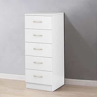 NRG Tall Narrow Chest of 5 Drawers With Metal Handles White Bedroom Furniture 34.5x36x90cm