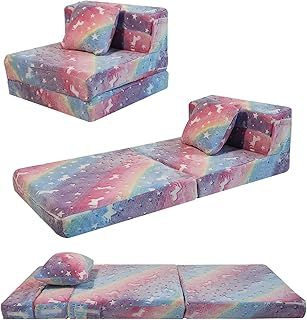 MeMoreCool Kids Sofa Bed, Toddler Floor Mattress Glow in The Dark, Baby Modular Unicorn Couch, Fold Up Children Sofa Convertible Futon Folding Mattress Chair Bed for Playroom
