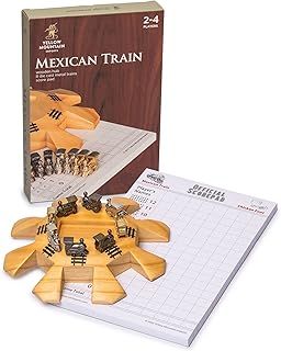 Mexican Train Dominoes Accessory Set (5.8-Inch Wooden Hub Centerpiece, Die-Cast Metal Train Markers, and 60-Sheet Scorepad)