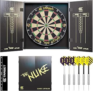 Target Darts Player Dartboard and Cabinet Set | Luke Littler/Dimitri Van den Bergh/Gabriel Clemens | Dart Board Cupboard with 2 Sets of Steel Tip Darts, Score Charts, Competition Standard Throw Line