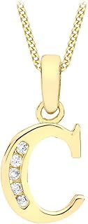 Women's 9 ct Yellow Gold Cubic Zirconia Initial A-Z Pendant on 9 ct Yellow Gold 0.7 mm Diamond Cut Curb Chain Necklace of Length 46 cm/18 Inch