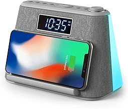 i-box Alarm Clocks Bedside, Alarm Clock with Wireless Charging, Bluetooth Speaker, FM Radio, Qi Wireless Charger, White Noise Machine, Night Light/Mood Light, USB Port, Dimmable, Non Ticking