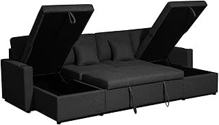 Bonded Leather Sofa Bed - U-Shaped 4 Seater Fabric Sofas For Living Room Furniture - Pull Out Suite & Convertable Settee With Storage - (Black Fabric, Left Hand Side)