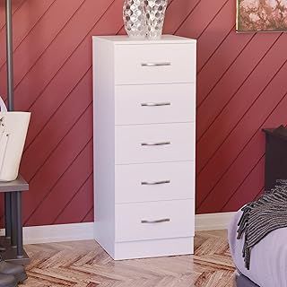 Vida Designs 5 Drawer Narrow Chest Tall Bedroom Storage Unit Sliding Drawers Bedroom Furniture (White)