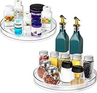 Puricon 2 Pack Lazy Susan Turntable Cupboard Organiser 29.5 x 3.3 cm, Rotatable Spice Rack Fridge Organisers Acrylic Storage Rack Cupboard Condiment Spinning Tray for Kitchen Storage
