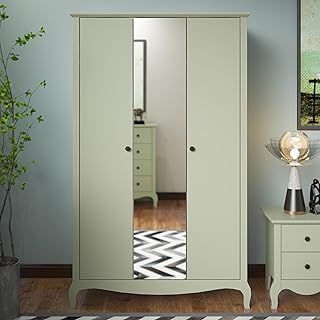 Galano Stella 3 Door Wardrobe with Mirror - Stylish & Sturdy Wardrobe with Bar Gold Metal Handle - Bedroom Furniture Unit with Hanging Rail Storage (Sage Green)