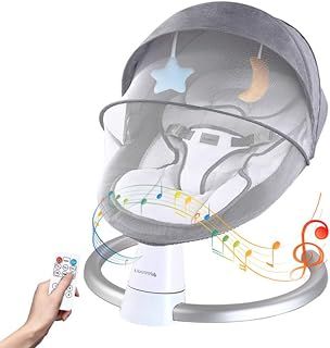 Uuoeebb Electric Baby Bouncer with Bluetooth, Baby Bouncer Chair with 5 Swing Speed, 3-Stage Timer and Remote Control, Portable Baby Swing Chair from Birth for 0 Months Plus Newborn Boys Girls (Grey)