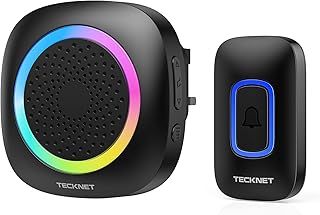 TECKNET Wireless Doorbell, IP66 Waterproof Plug in Doorbell with RGB Light, 400M/1,300 Feet Long Range Door Bells Wireless Cordless, Door Chime Kit with 60 Melodies & 5 Levels Volume (Black)